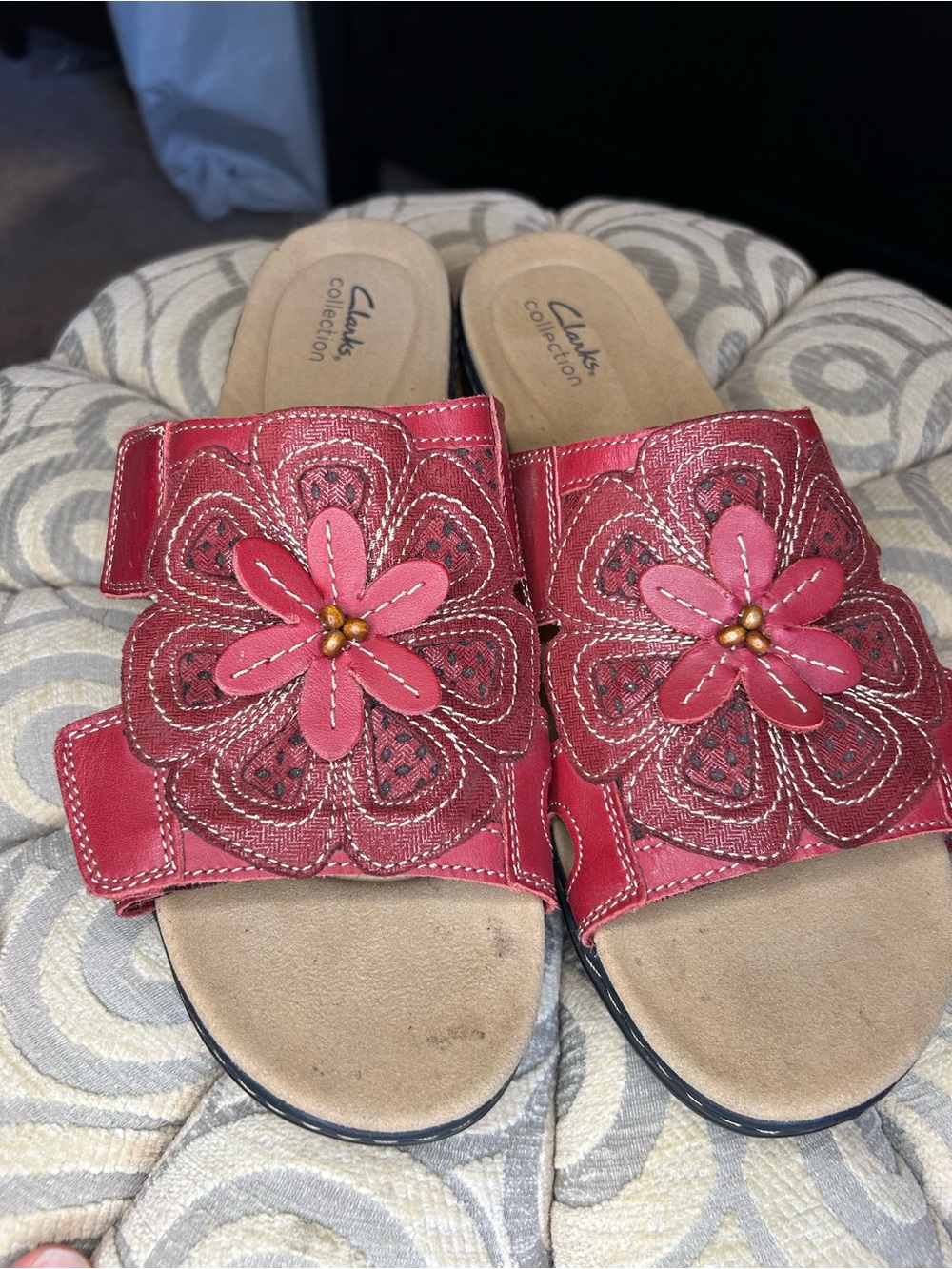 Clarks Red Floral Leather Slide Mule Sandals